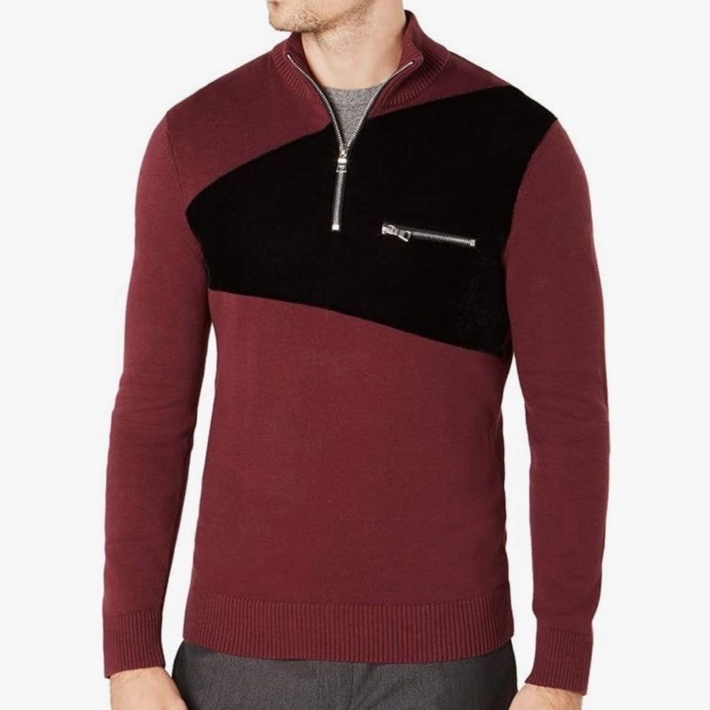 I.N.C. Int. Concepts Quarter Zip Sweater Velvet Pullover Mens XL Red Wine